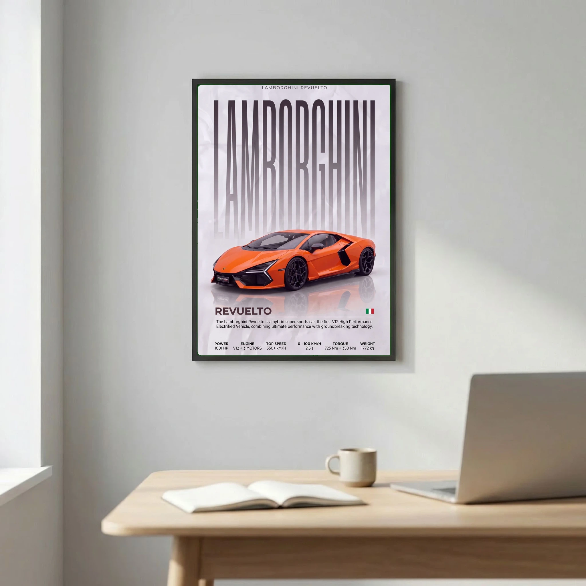 Orange Lamborghini Revuelto Poster – Modern Hybrid Supercar Wall Art
