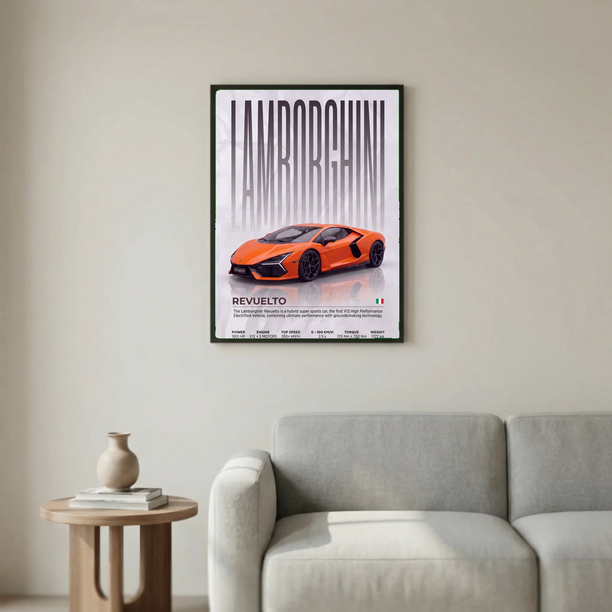 Orange Lamborghini Revuelto Poster – Modern Hybrid Supercar Wall Art