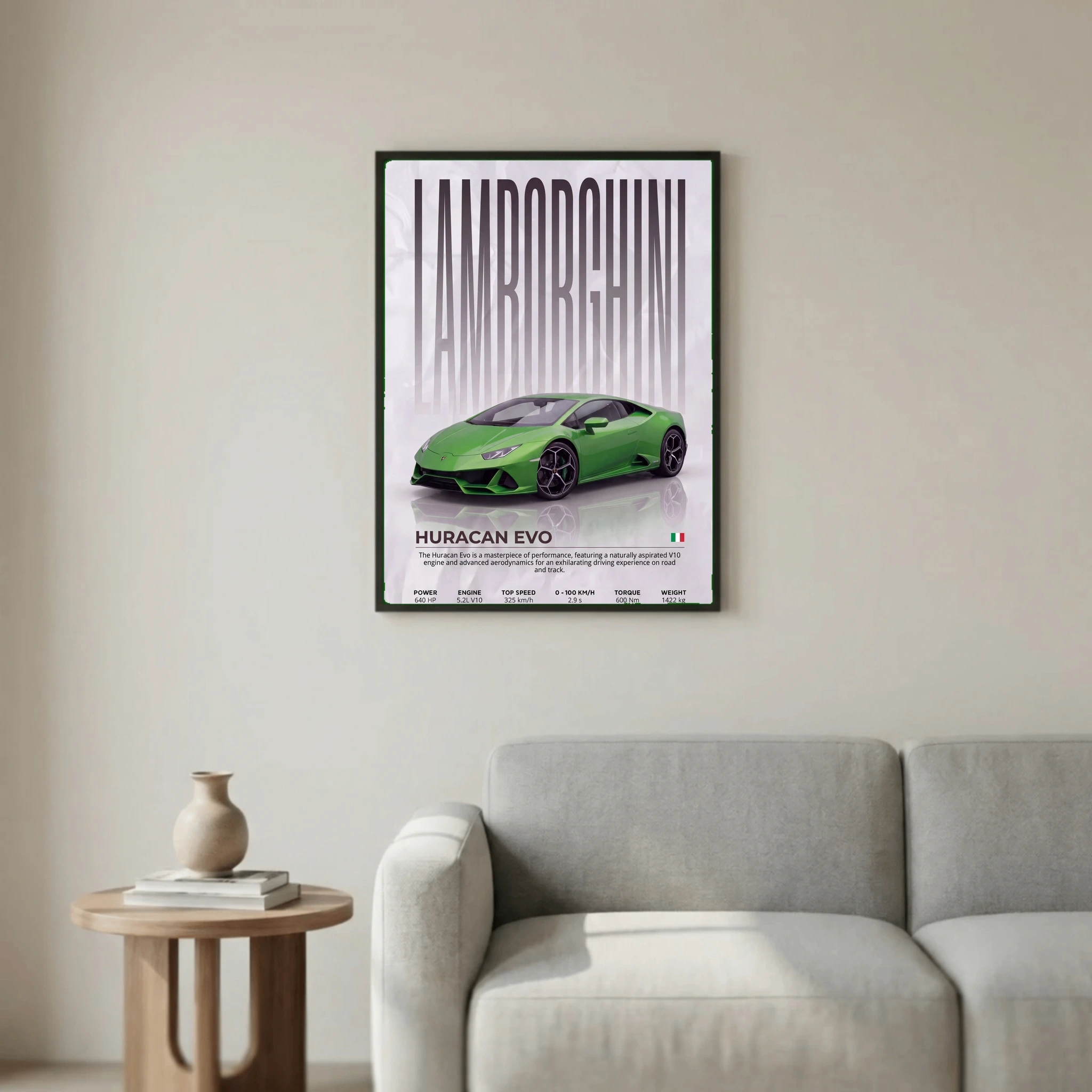 Green Lamborghini Huracán EVO Poster – Modern Supercar Wall Art