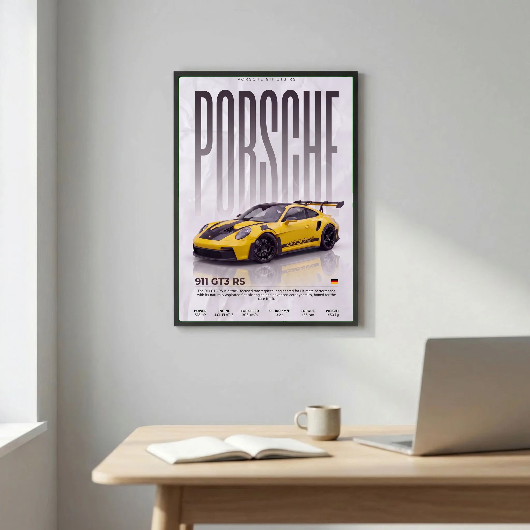Yellow Porsche 911 GT3 RS Poster – Modern Supercar Wall Art