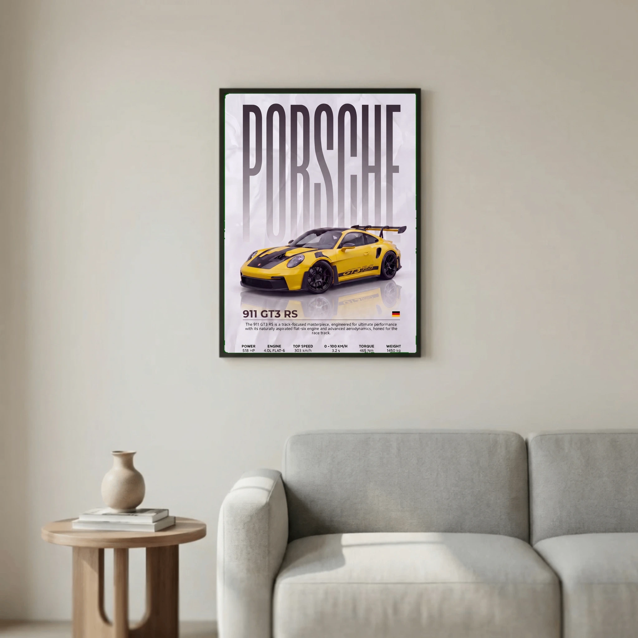 Yellow Porsche 911 GT3 RS Poster – Modern Supercar Wall Art