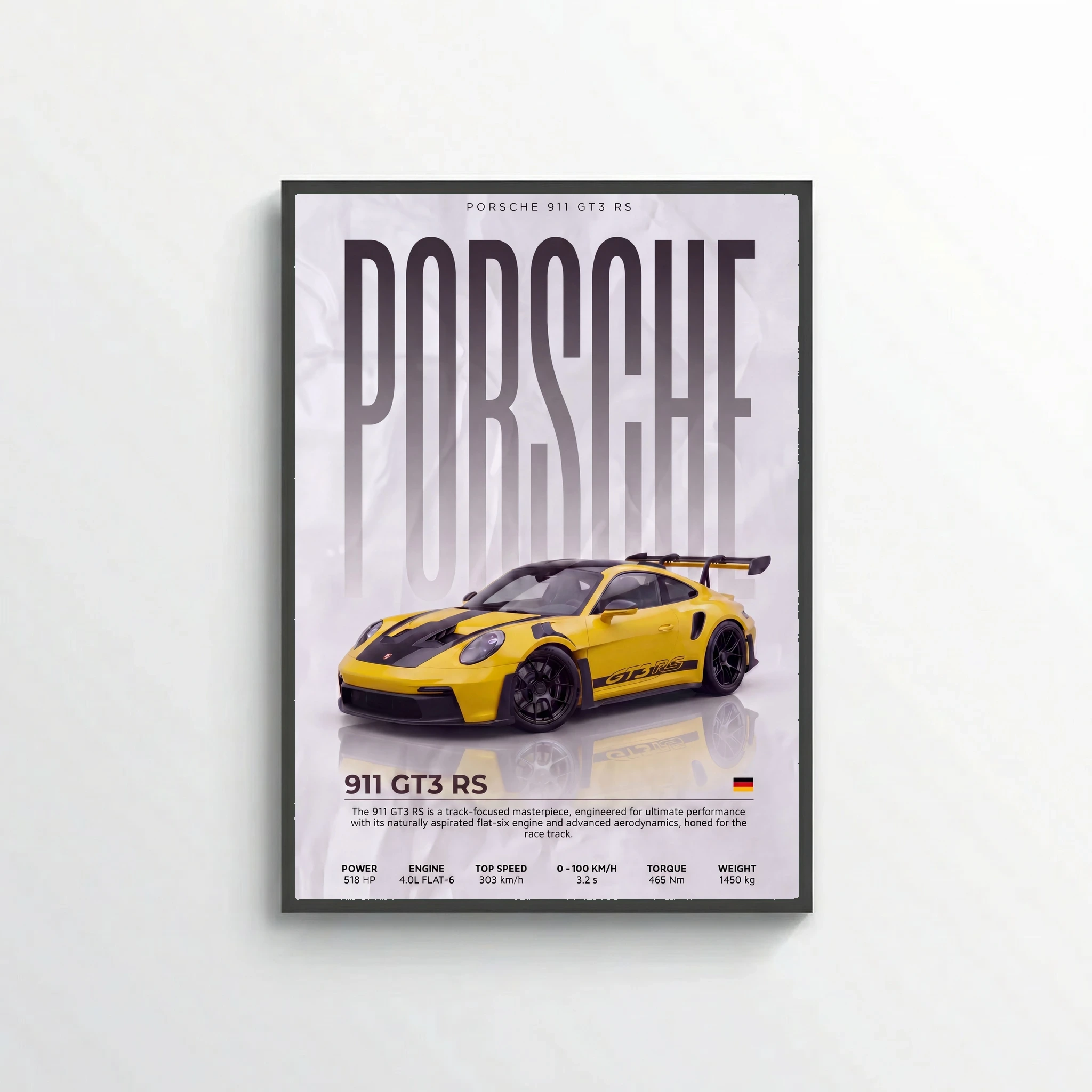 Yellow Porsche 911 GT3 RS Poster – Modern Supercar Wall Art