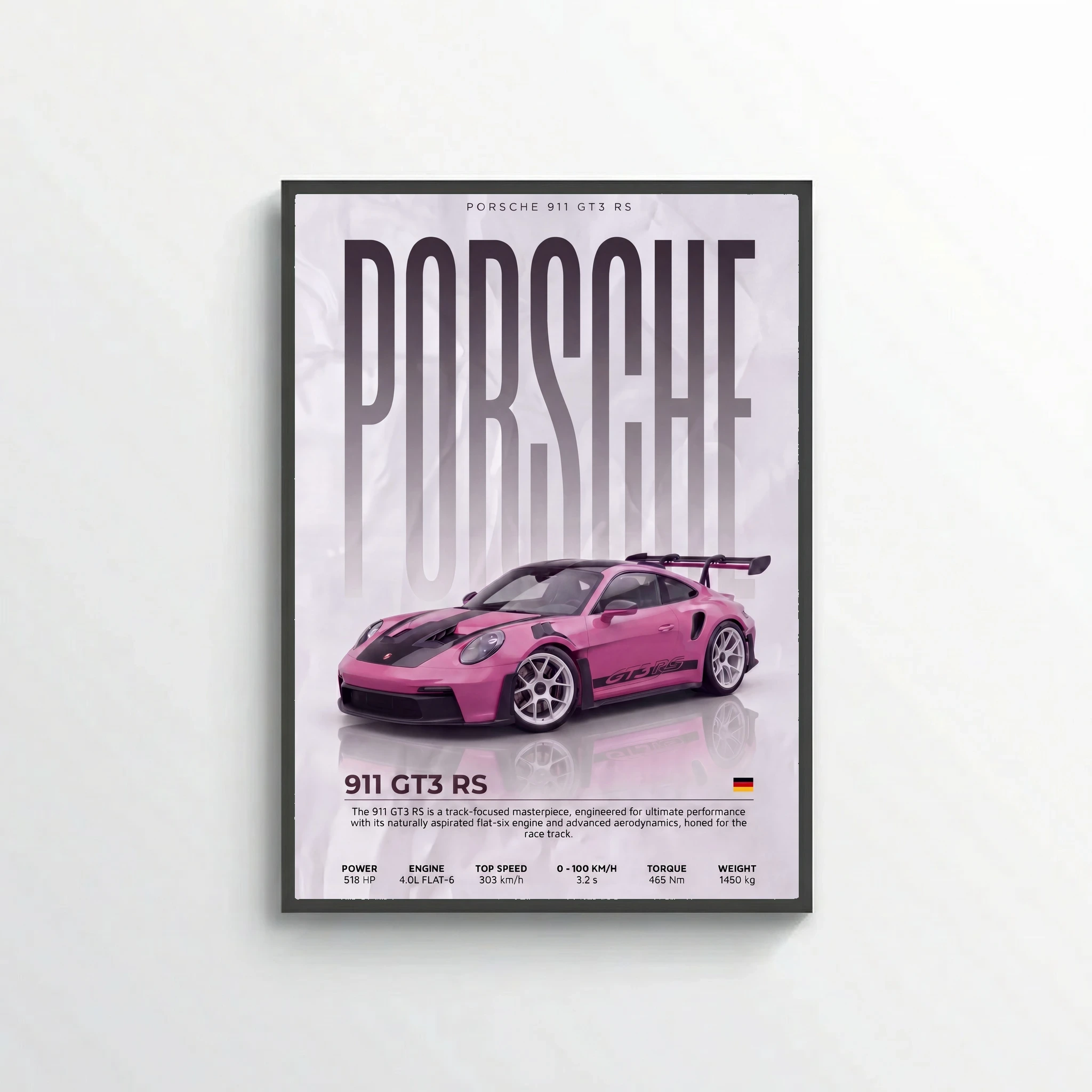 Pink Porsche 911 GT3 RS Poster – Modern Supercar Wall Art