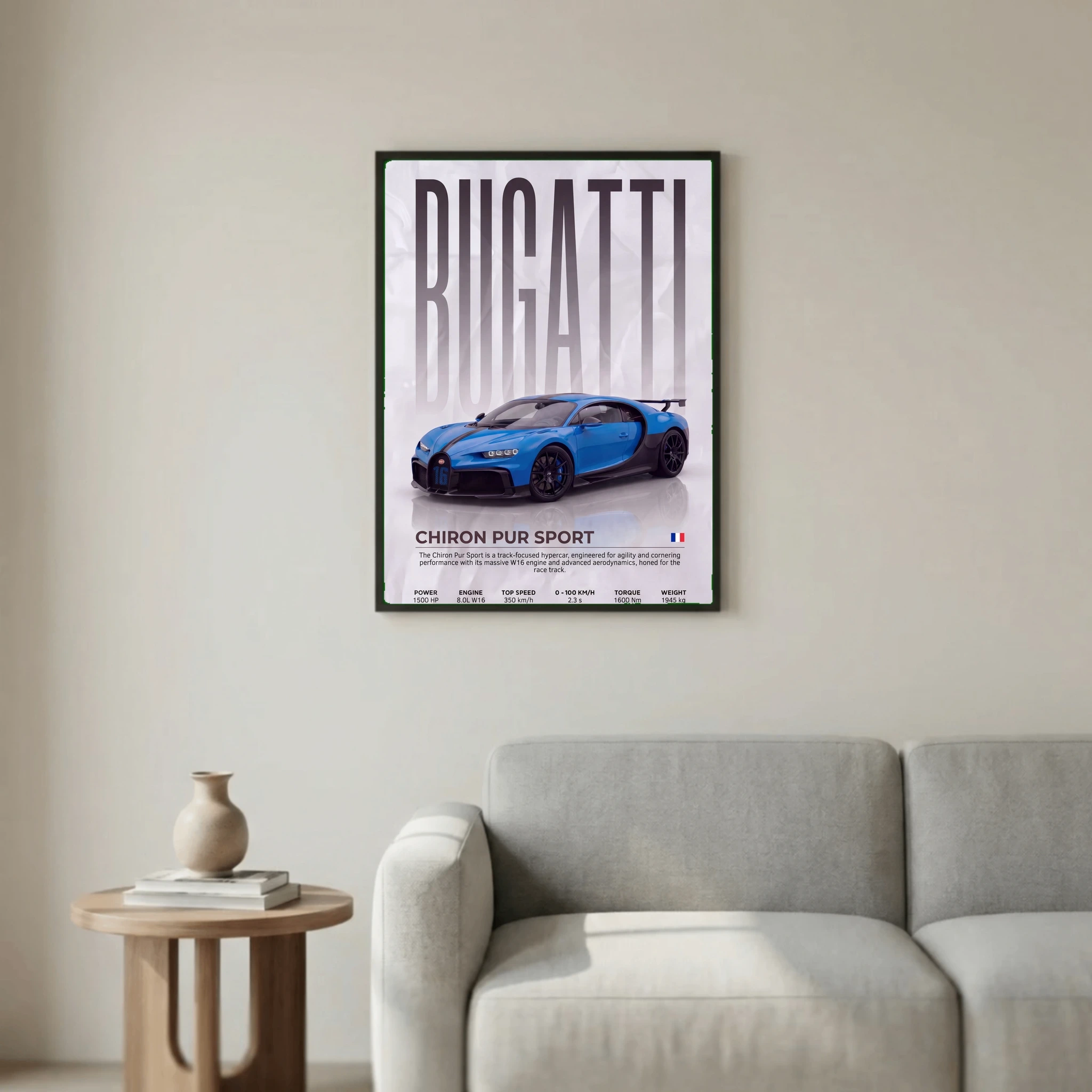 Blue Bugatti Chiron Pur Sport Poster – Modern Hypercar Wall Art
