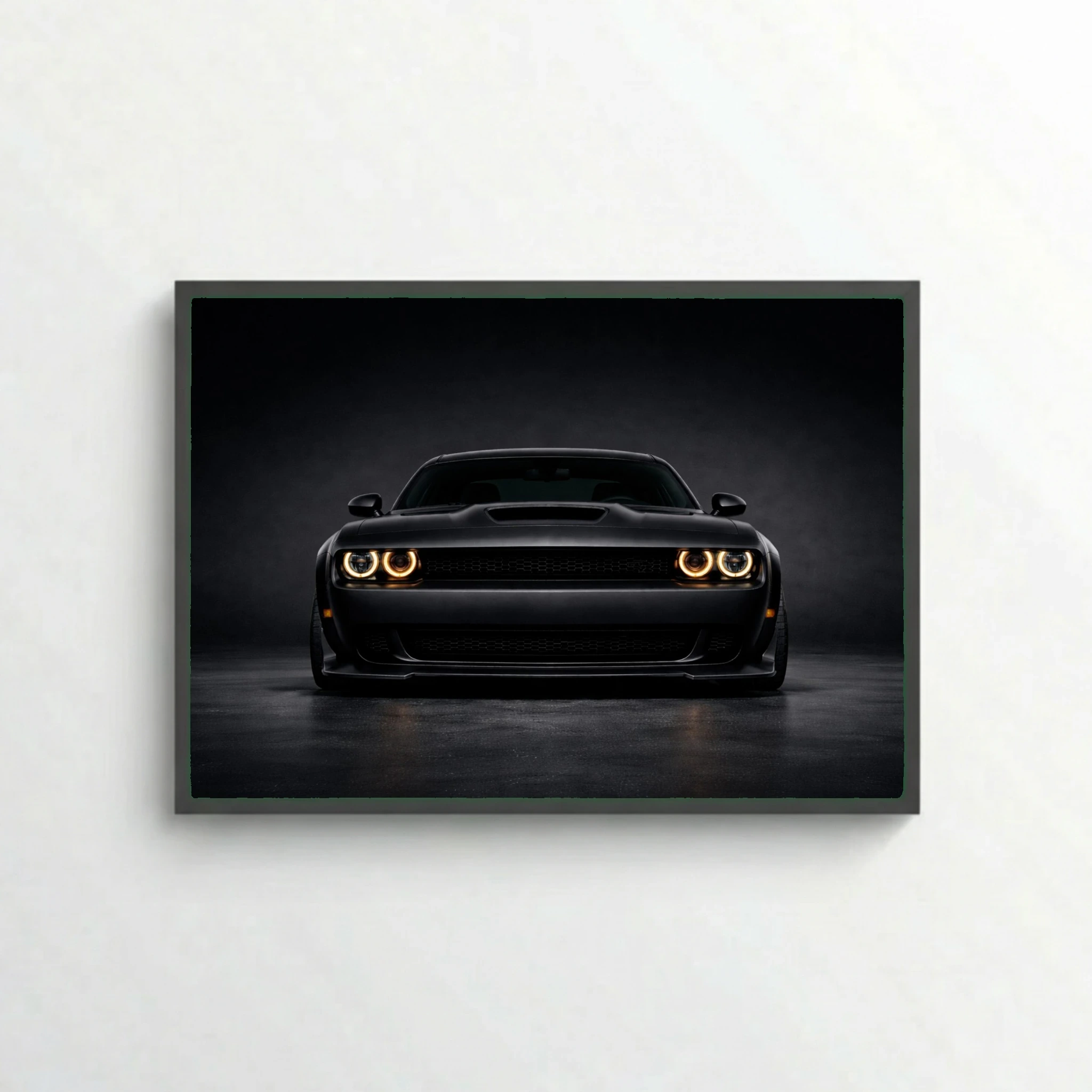 Dodge Challenger Matte Black Poster - Amber Halo Headlights Art