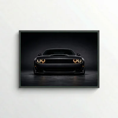 Dodge Challenger Matte Black Poster - Amber Halo Headlights Art