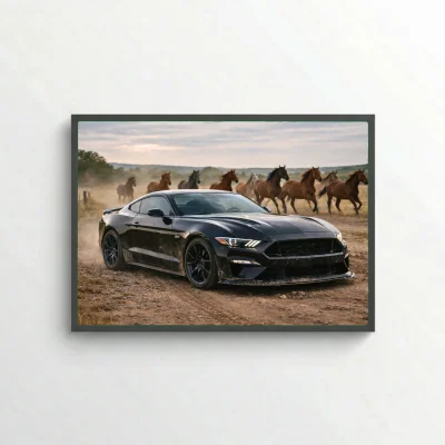 Ford Mustang GT Black Poster - Wild Horses Automotive Art