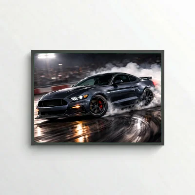 Ford Mustang GT Drifting Poster - Night Race Track Car Art