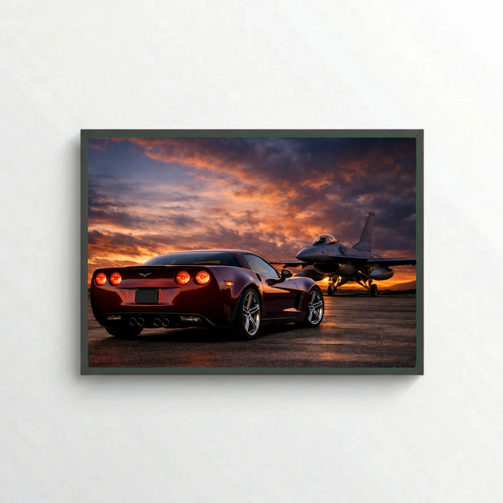 Chevrolet Corvette C6 and F-16 Jet Poster - Sunset Runway Art