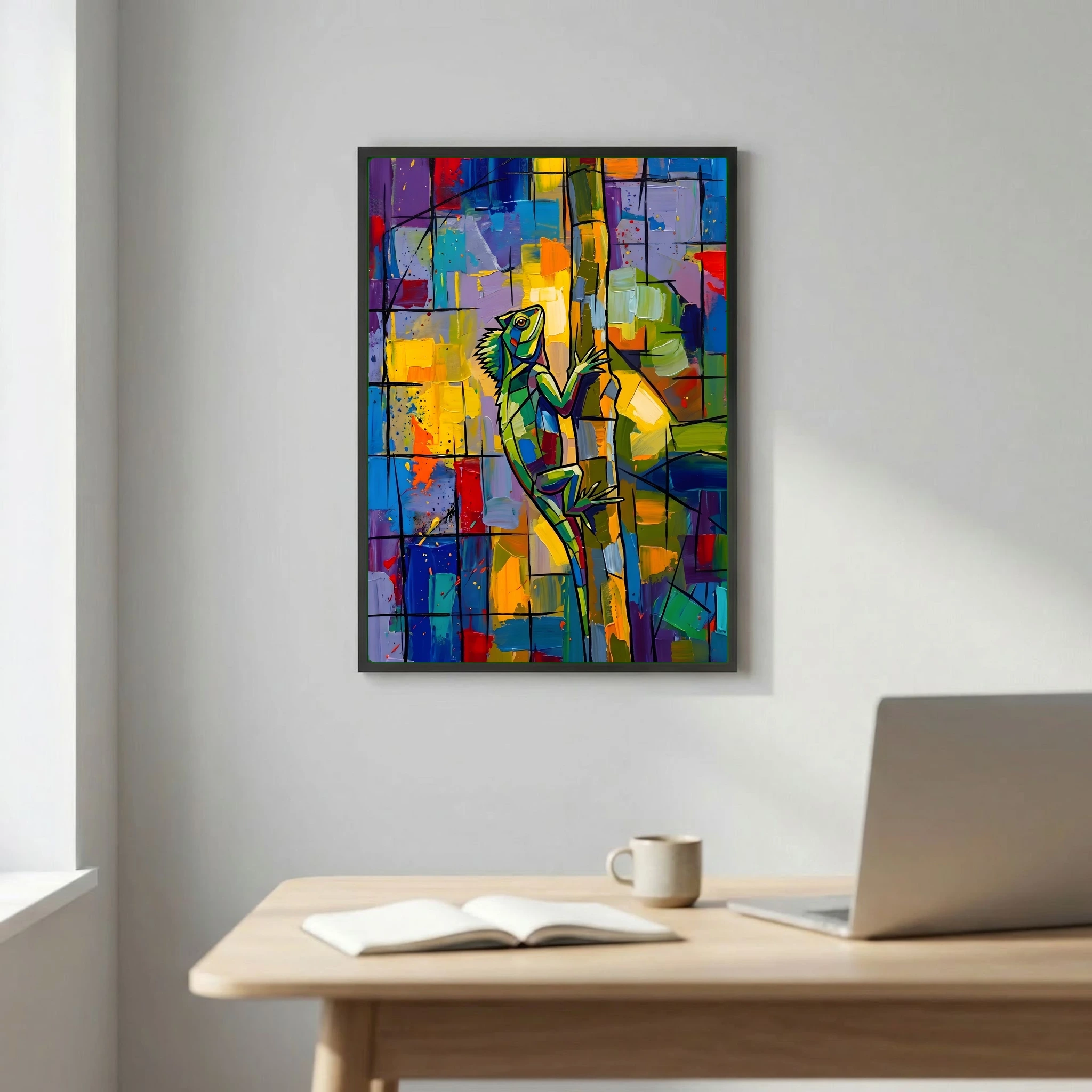 Vibrant Iguana on a Tree Trunk Abstract Oil Painting Style