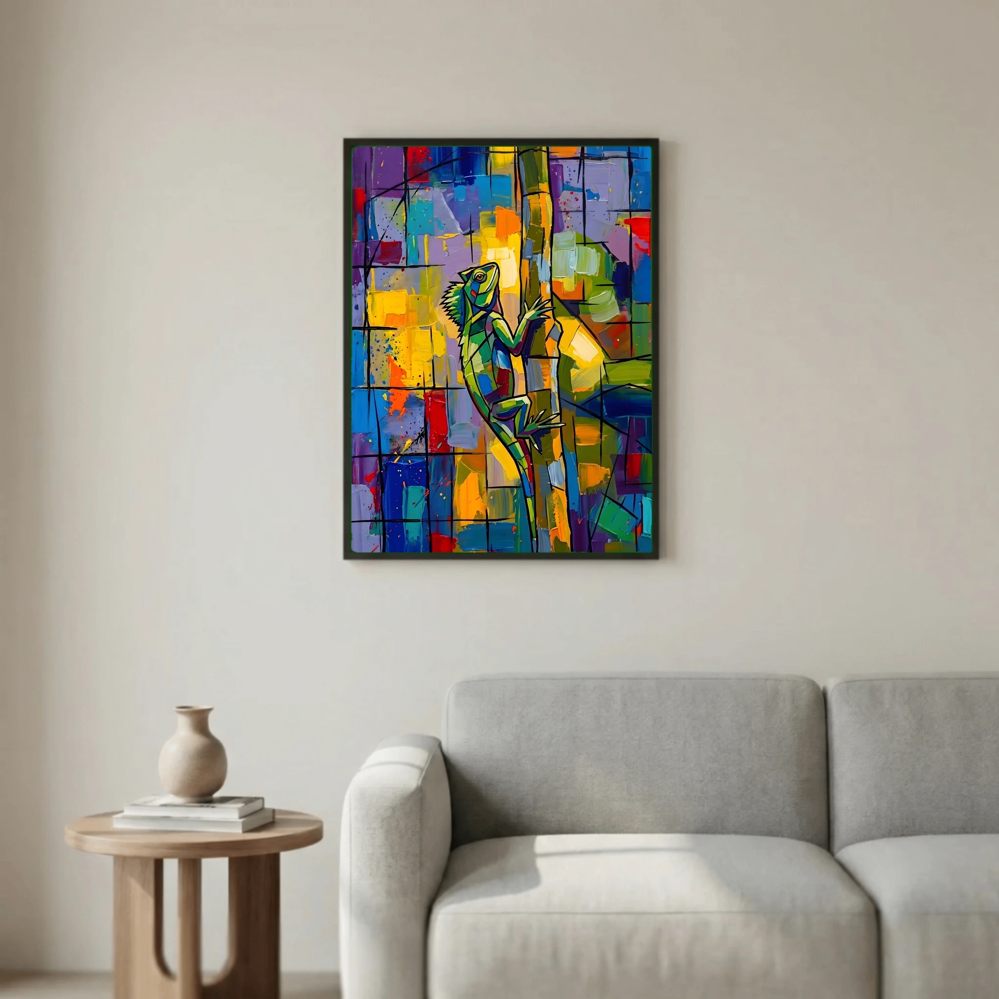 Vibrant Iguana on a Tree Trunk Abstract Oil Painting Style