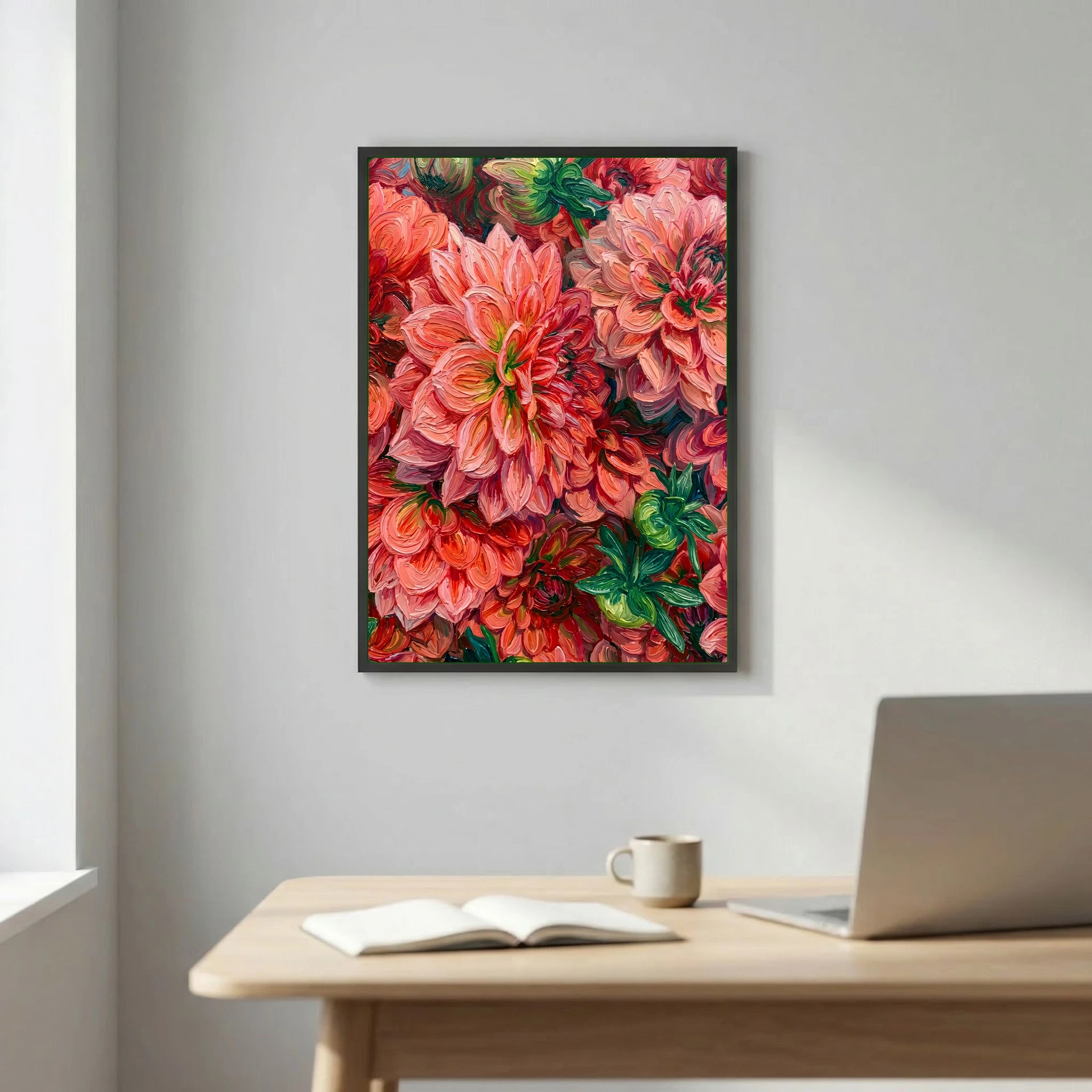 Red and Pink Dahlias Textured Oil Painting Style