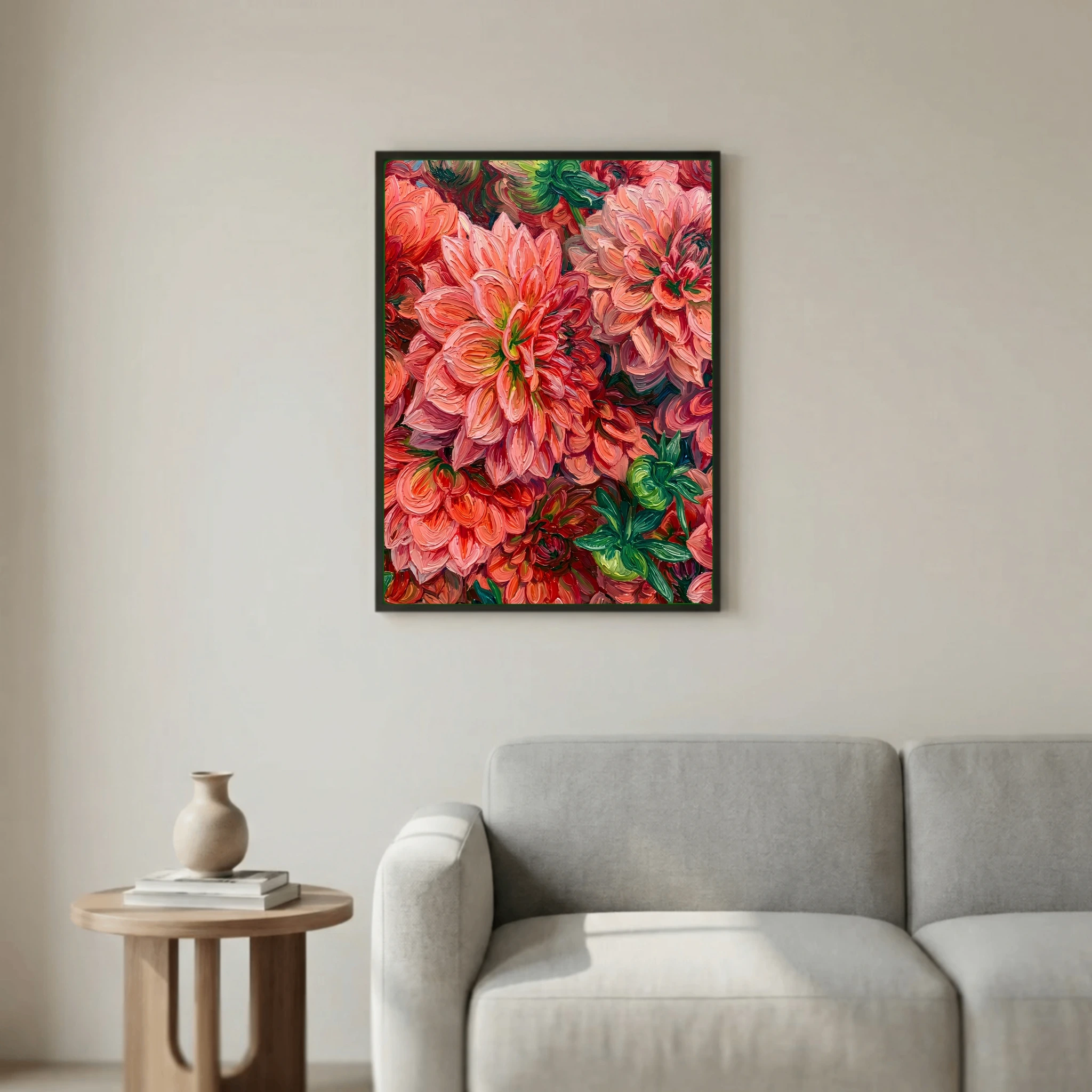 Red and Pink Dahlias Textured Oil Painting Style