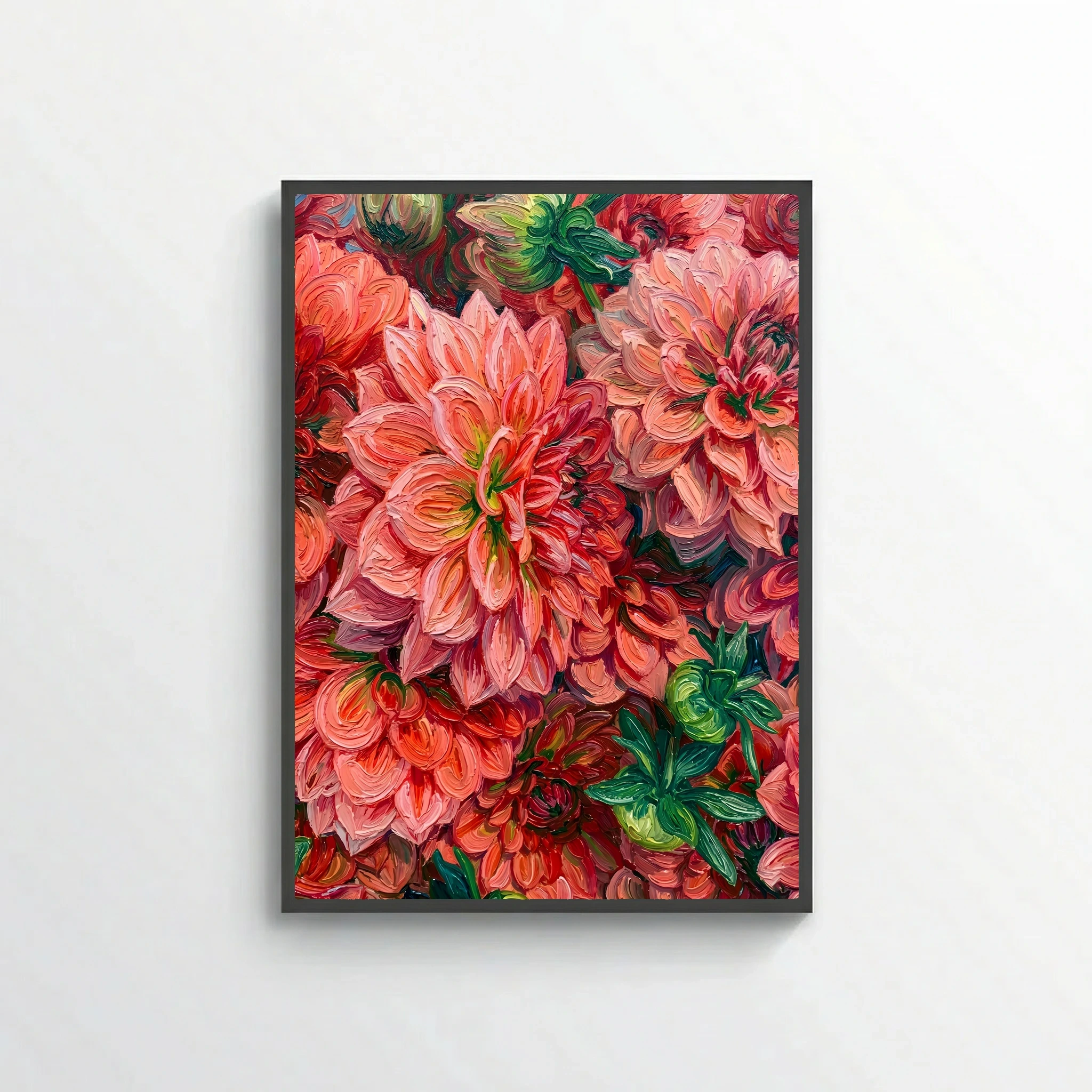 Red and Pink Dahlias Textured Oil Painting Style
