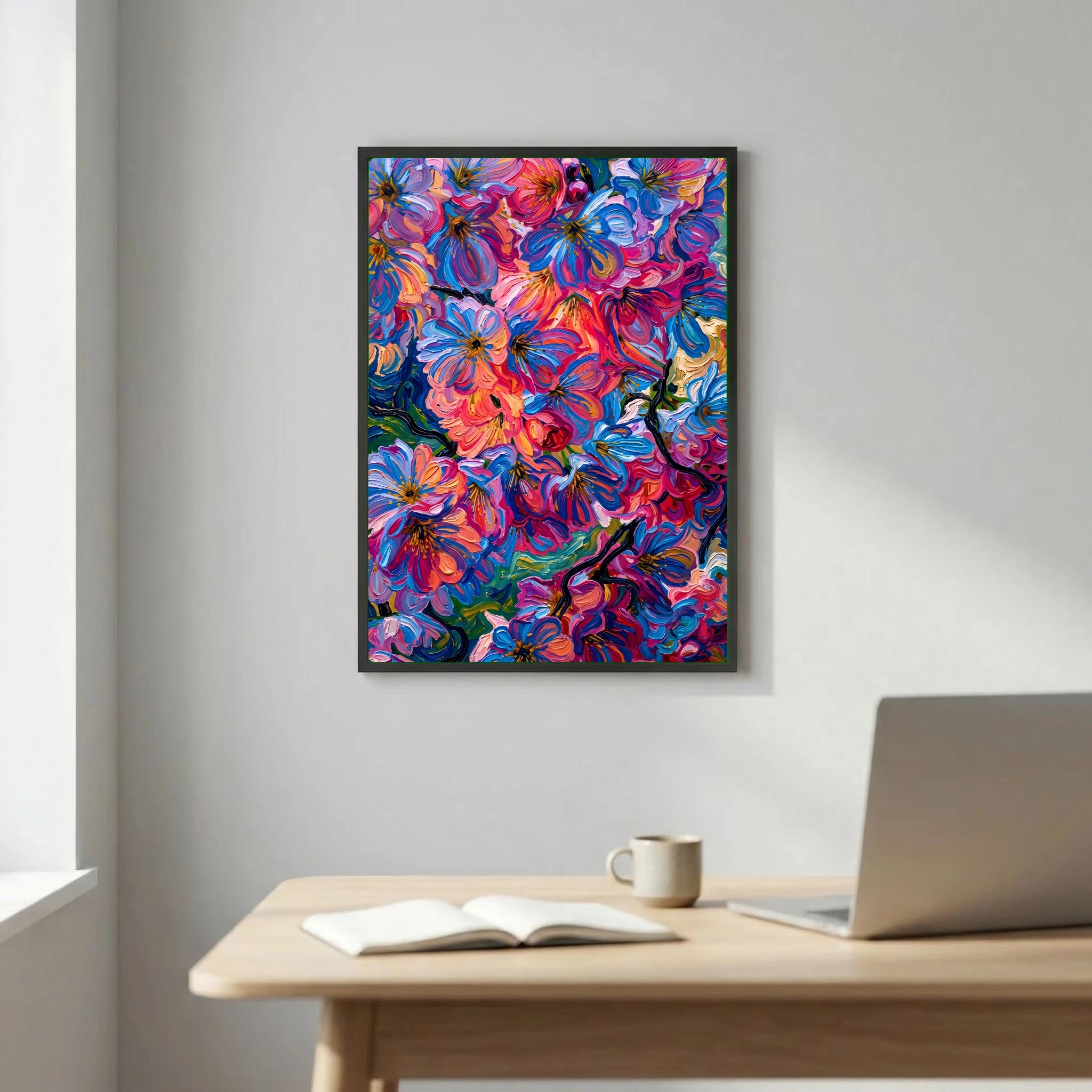 Pink and Blue Tree Blossoms in Textured Oil Painting Style
