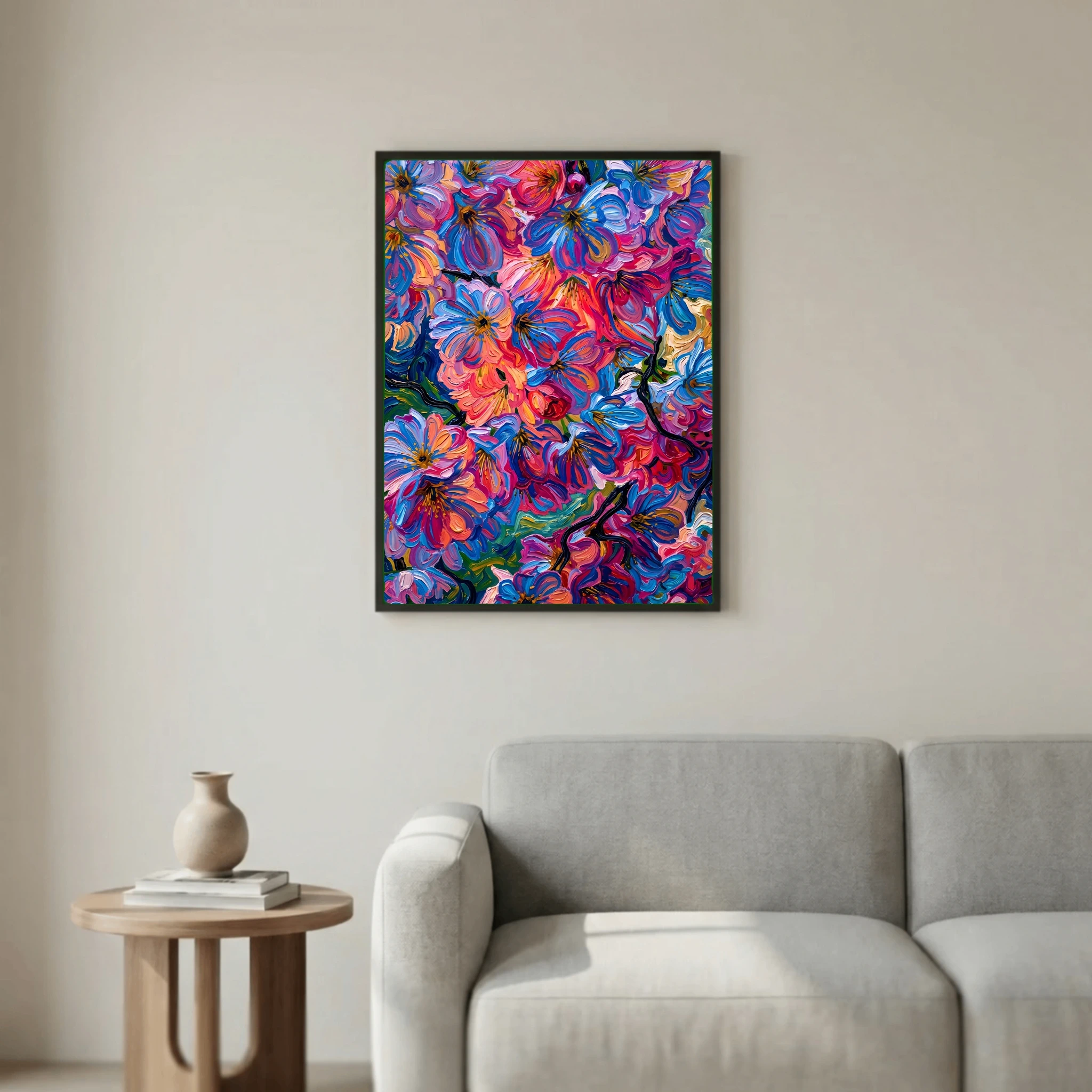 Pink and Blue Tree Blossoms in Textured Oil Painting Style