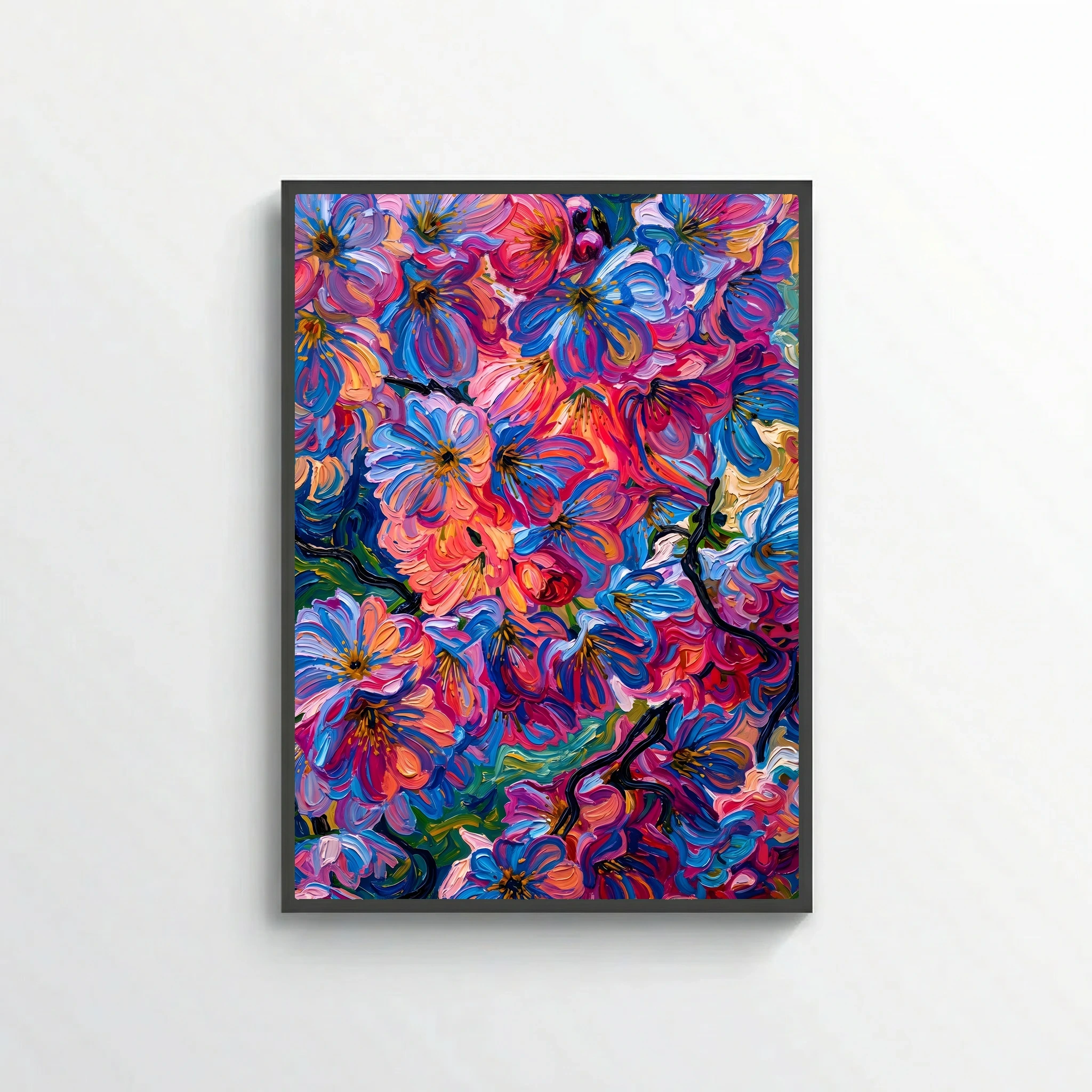 Pink and Blue Tree Blossoms in Textured Oil Painting Style