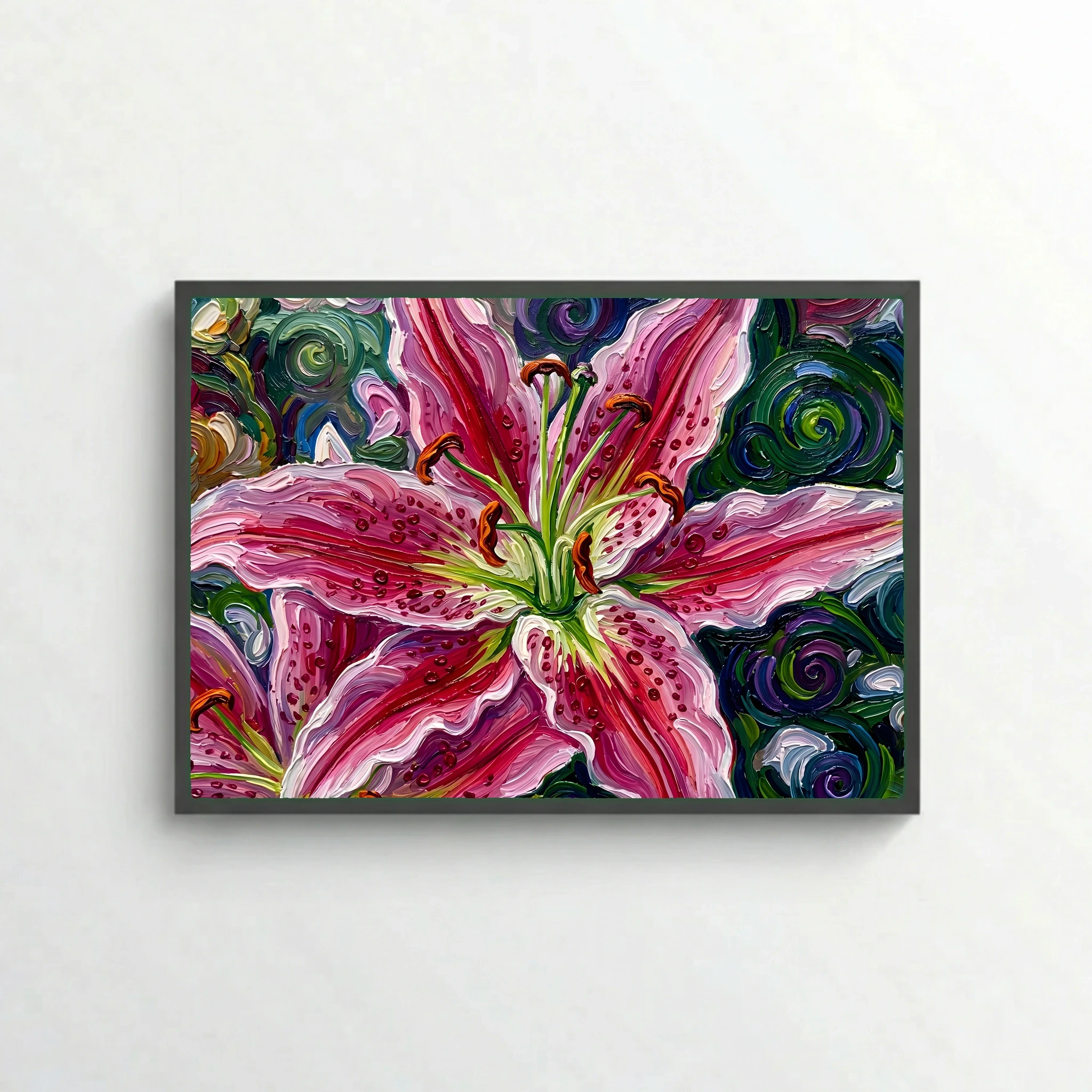 Close-Up Pink Lily in Textured Oil Painting Style