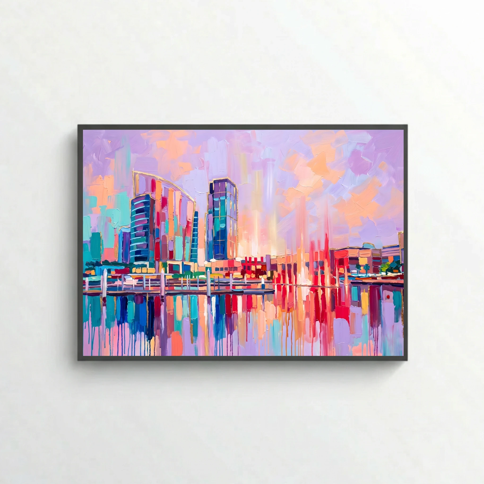 Colorful City Skyline Waterfront Oil Painting