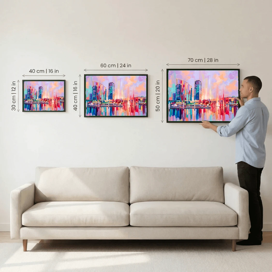 Colorful City Skyline Waterfront Oil Painting
