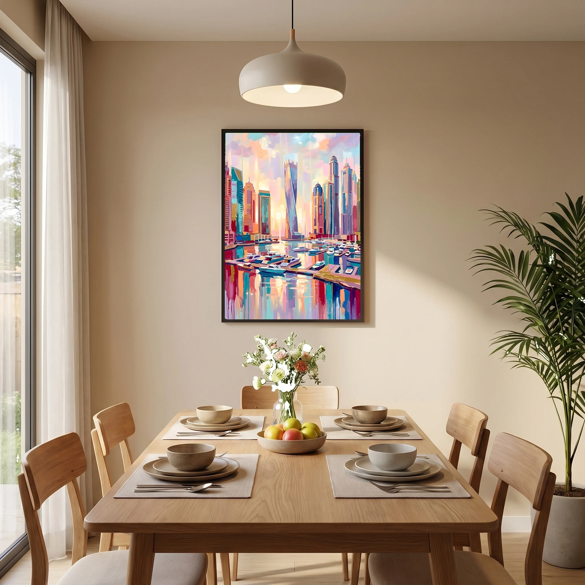 Modern Marina Harbor and City Skyline Watercolor Oil Painting