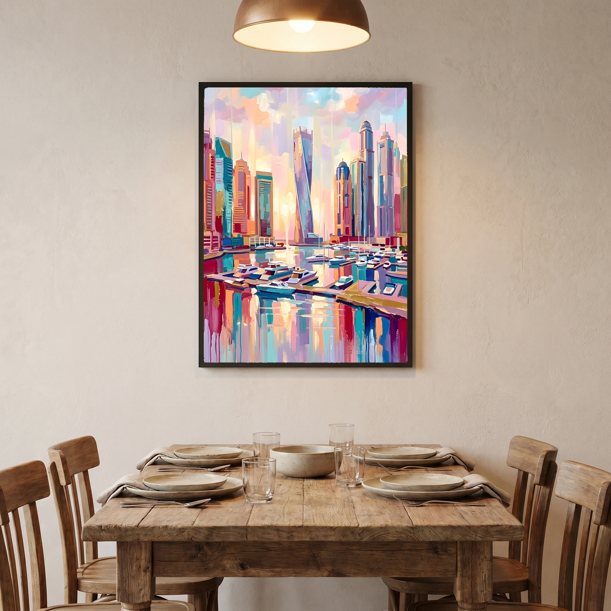 Modern Marina Harbor and City Skyline Watercolor Oil Painting