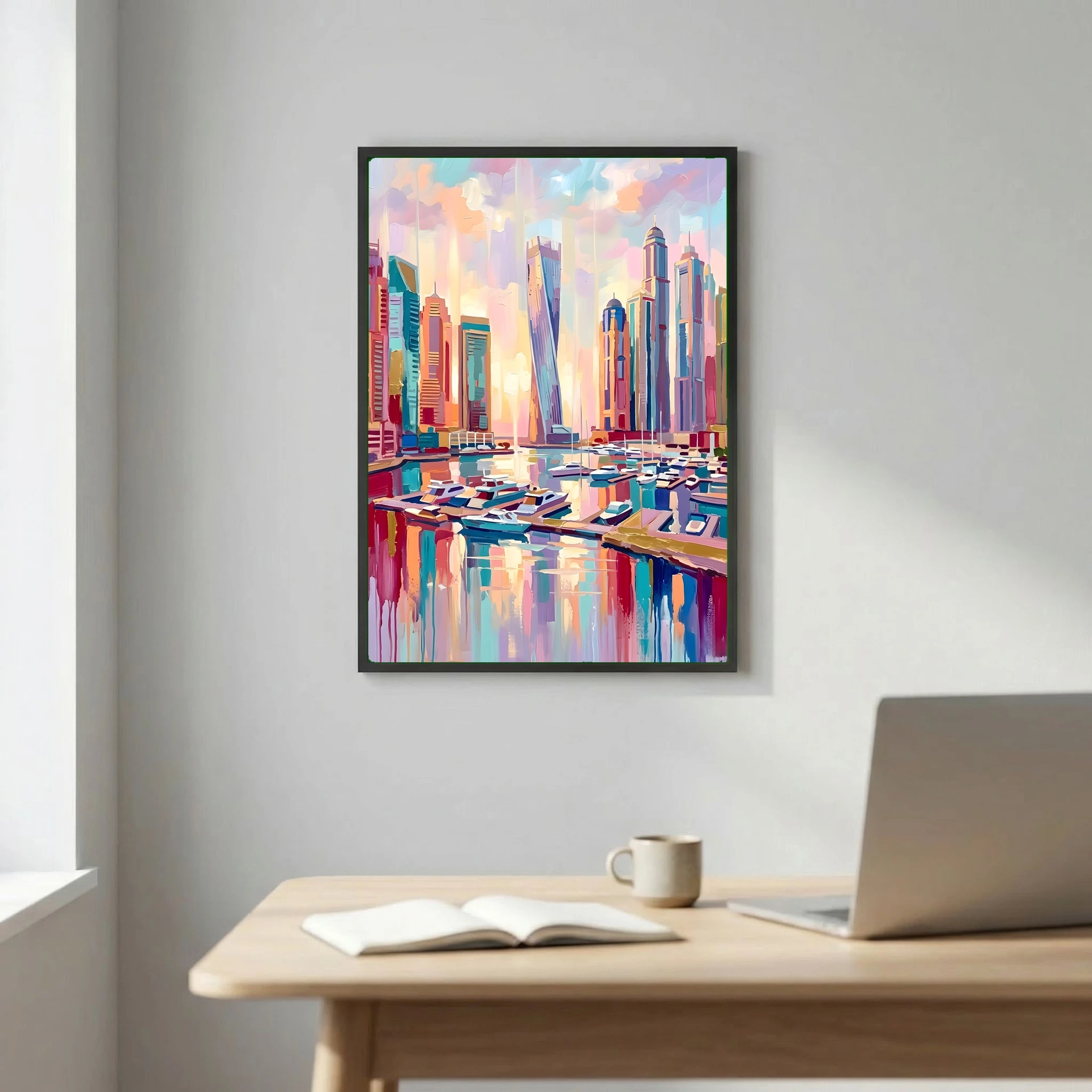 Modern Marina Harbor and City Skyline Watercolor Oil Painting
