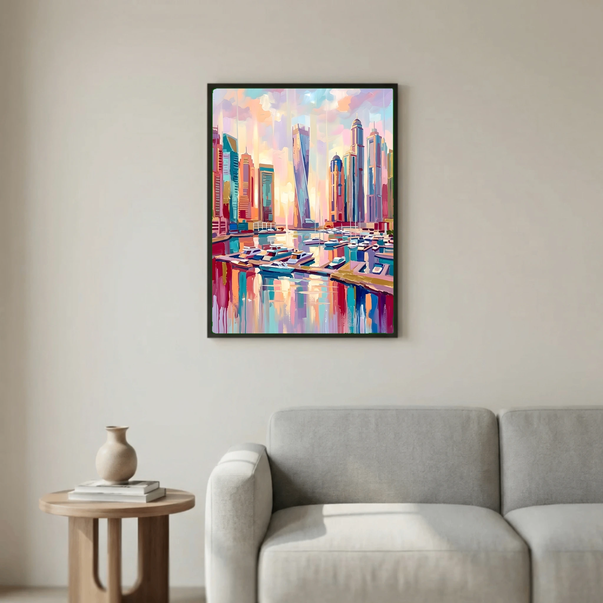 Modern Marina Harbor and City Skyline Watercolor Oil Painting