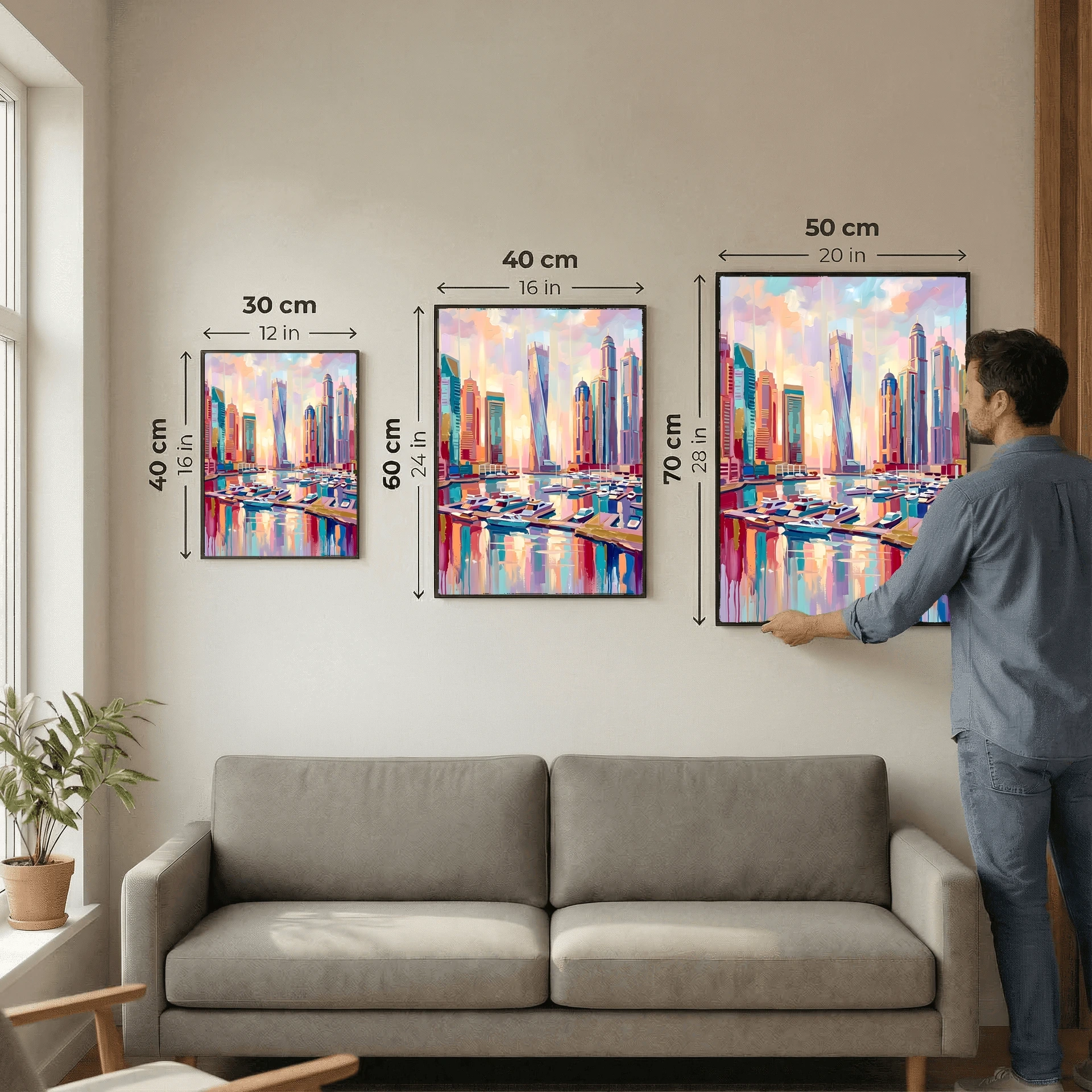 Modern Marina Harbor and City Skyline Watercolor Oil Painting