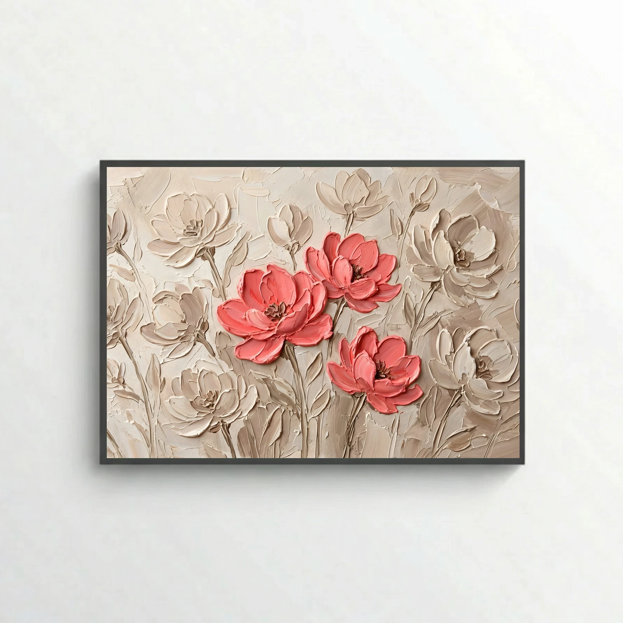 Coral Blossoms – Textured Neutral Floral Canvas