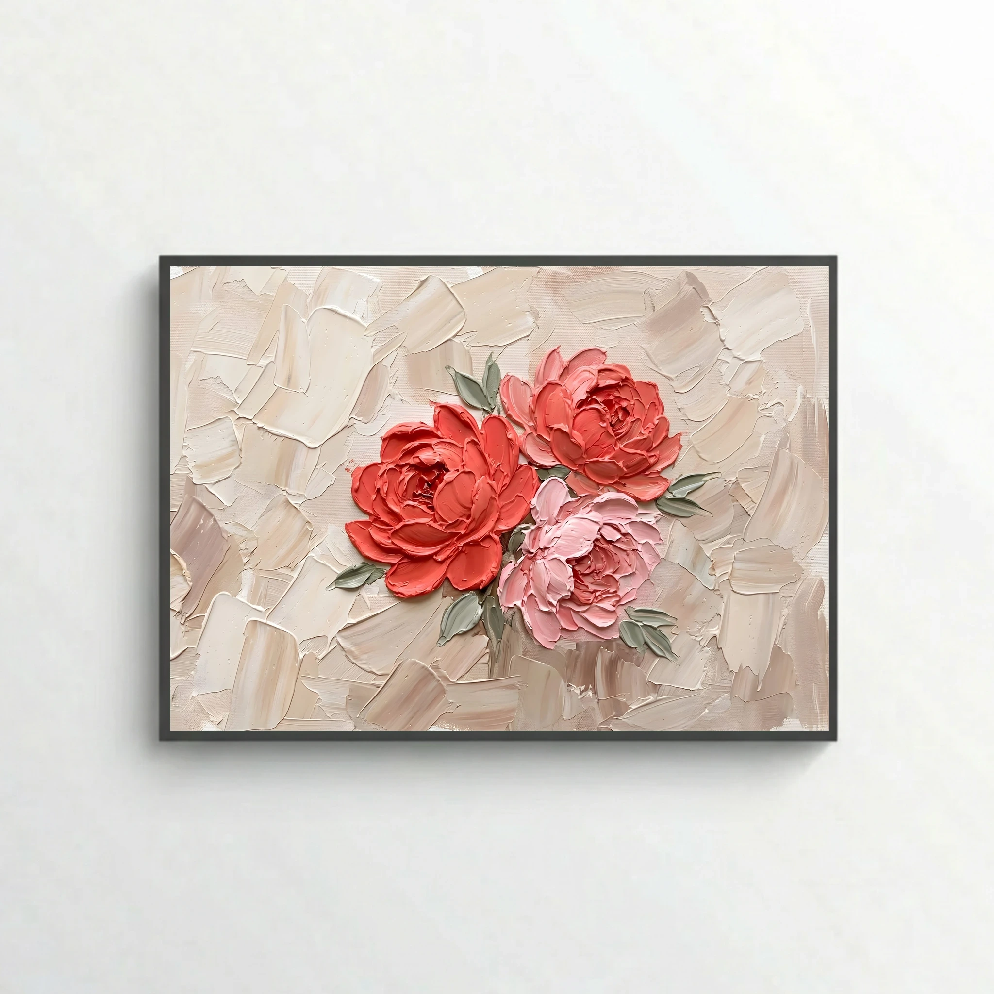 Modern Coral Peonies – Textured Neutral Floral Canvas