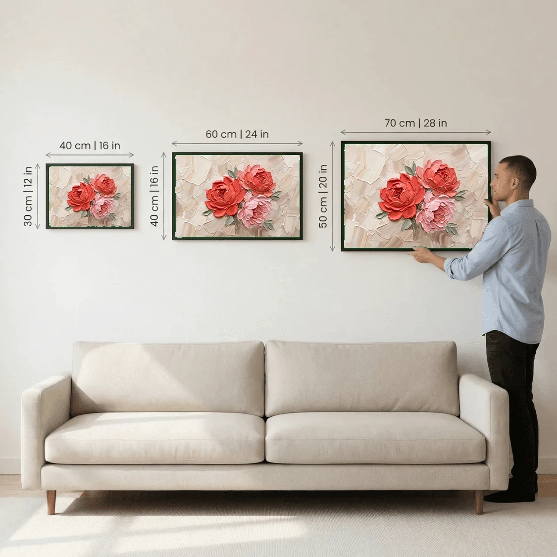 Modern Coral Peonies – Textured Neutral Floral Canvas