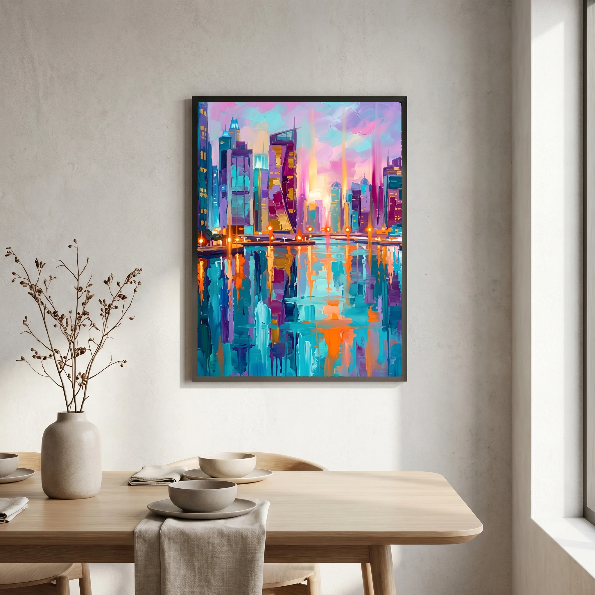 Vibrant Evening Marina Skyline – Colorful Textured Cityscape
