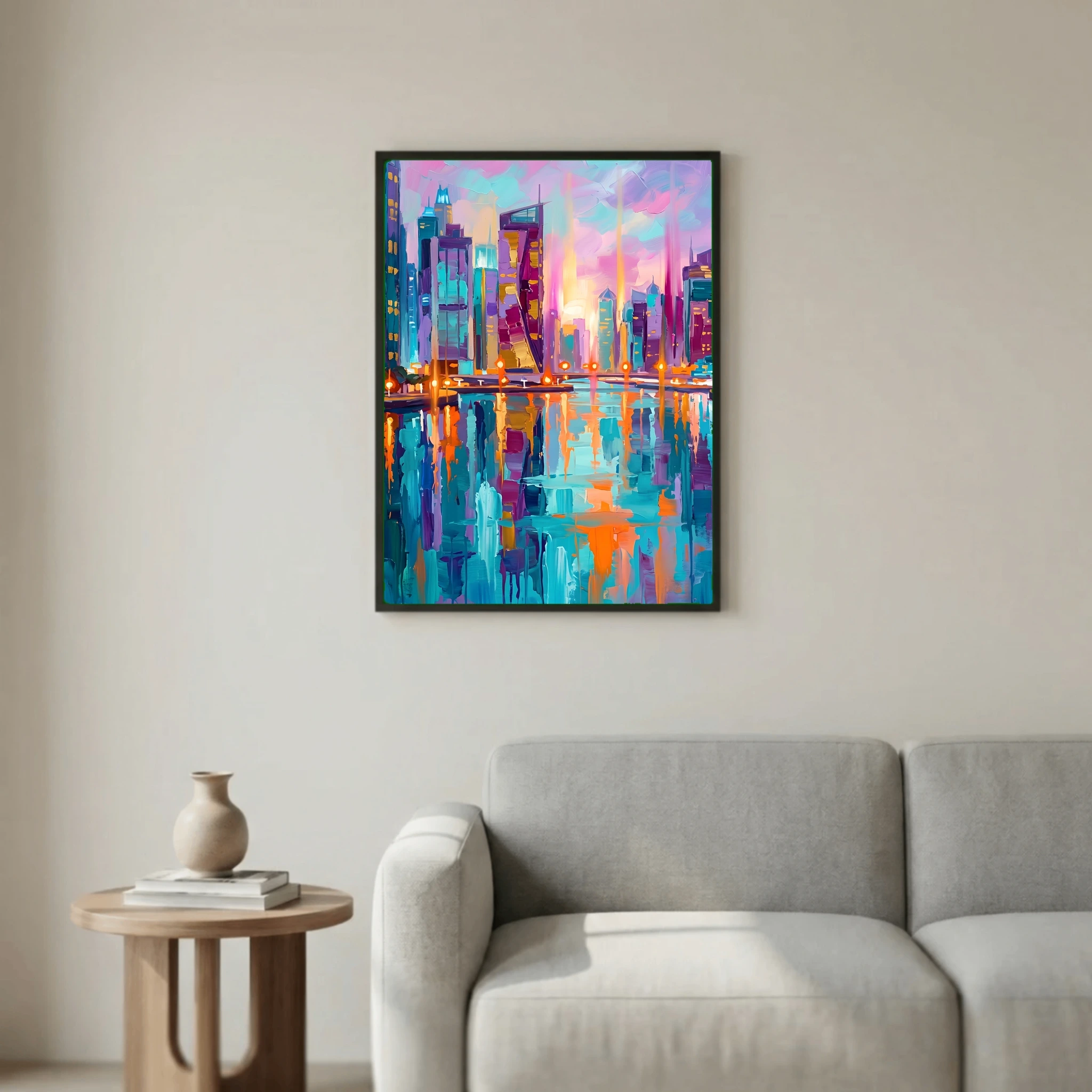 Vibrant Evening Marina Skyline – Colorful Textured Cityscape
