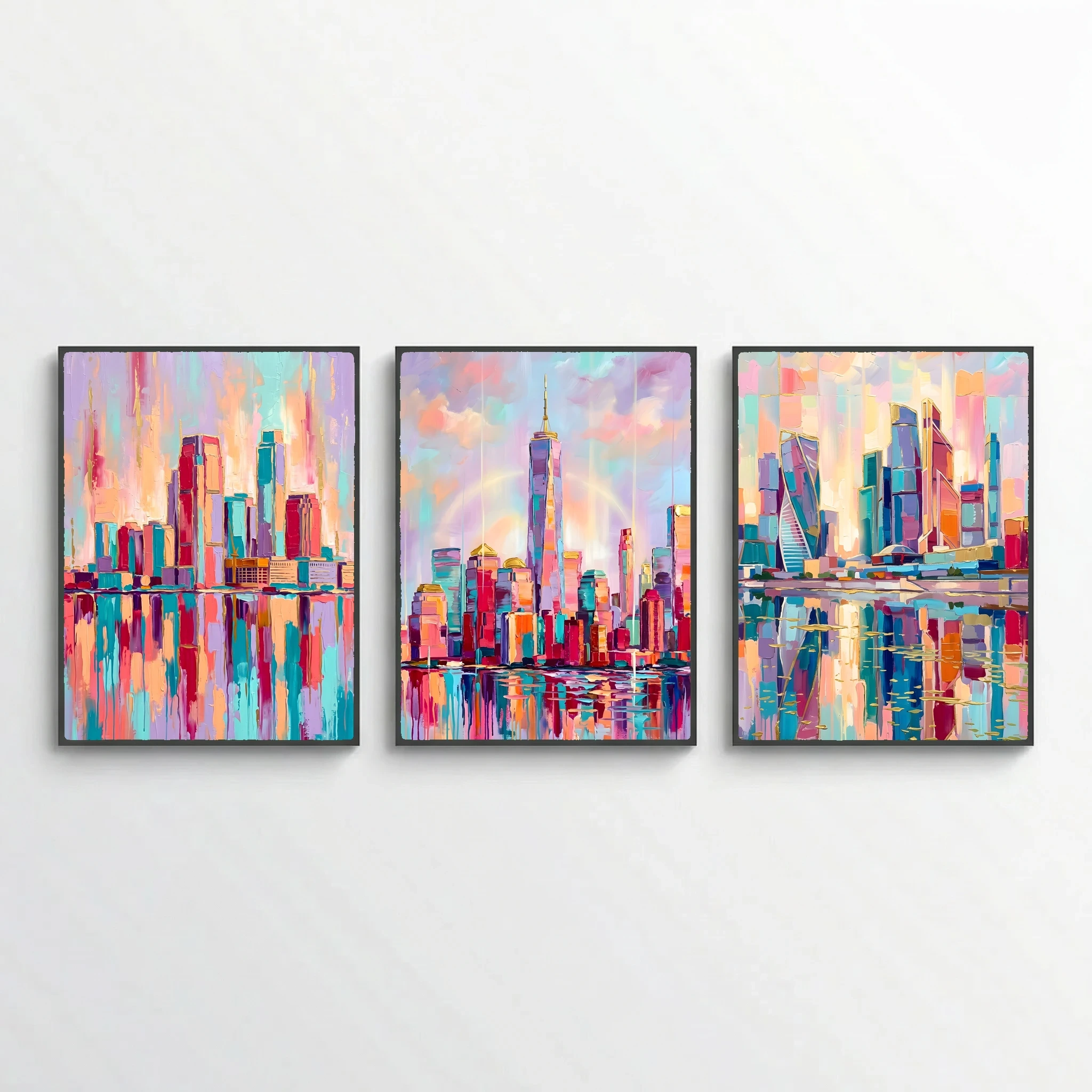 Vibrant Dreamy Cityscapes – 3-Piece Pastel Skyline Set
